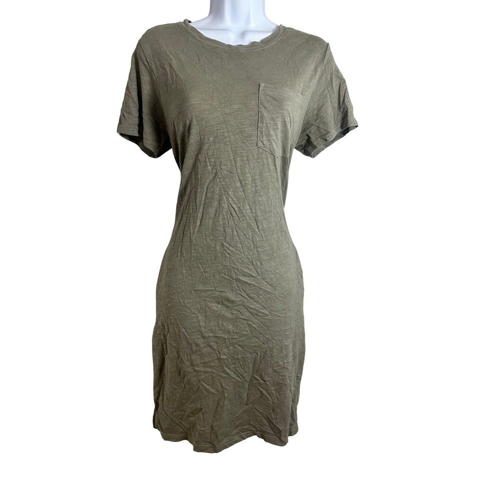 Pact Organic Cotton Softspun Tee Dress Olive Green Pocket Slub Knit Size M